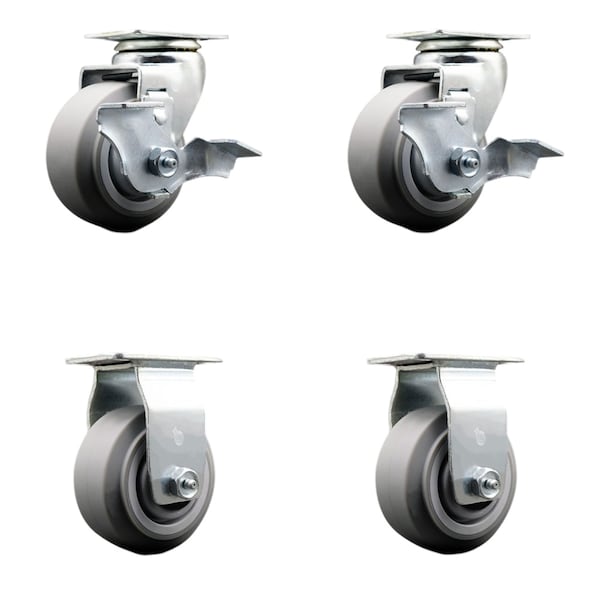 4 Inch Thermoplastic Rubber Caster Set with Roller Bearings 2 Brakes 2 Rigid